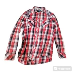 Roar Men's Embroidered Red Plaid Button  Up shirt size Large